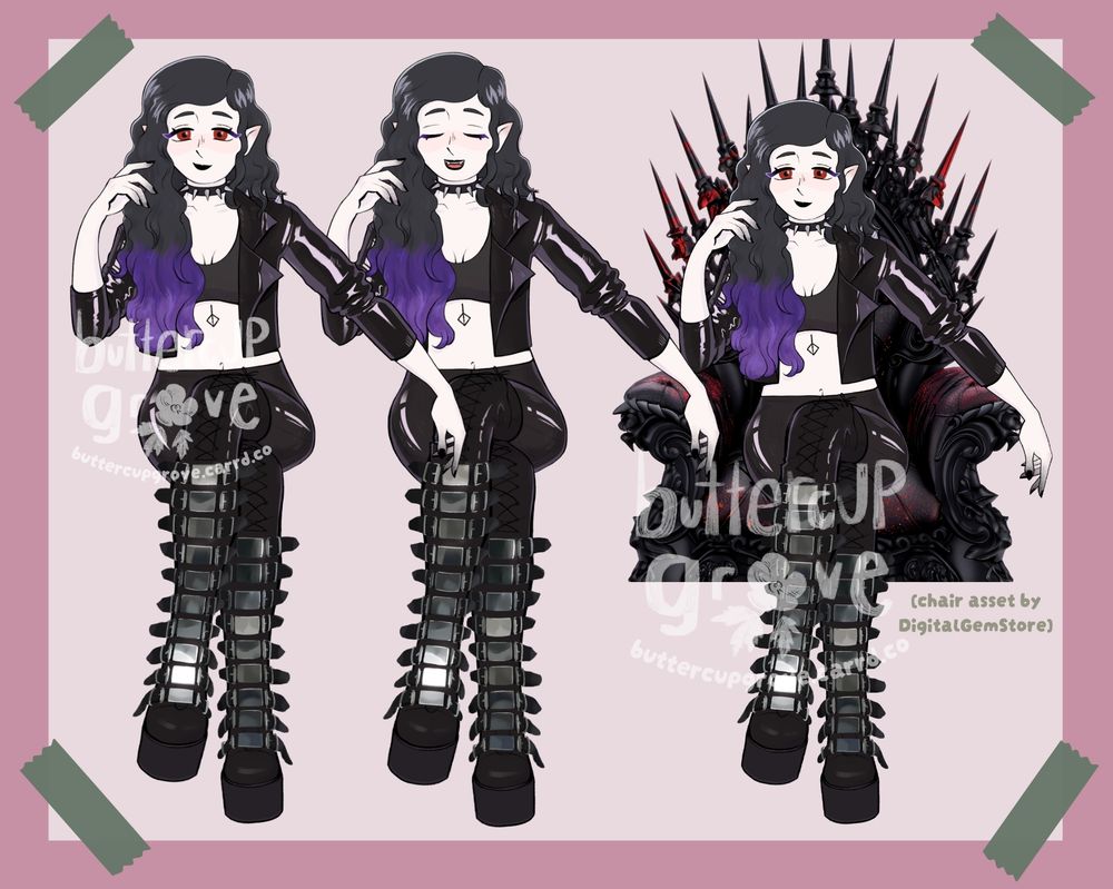 a PNGtuber showcase showing the 4 states of the character, talking, blinking, etc. the character is sitting in a throne with a small smirk, feminine with waist length wavy dark hair with purple at the ends, very pale white skin, and red irises. she wears a shiny leather jacket and trousers, long buckled stompy boots, a black bralette, and a black choker necklace with silver spikes going around it. she has pointed elf ears, has her fingernails painted black, and her white fingers slowly turn darker at the ends. she has big dark eyelashes that turn purple towards the outer side, and black lipstick. pngtuber is for RavenBloodWitch on Twitch. chair asset by DigitalGemStore