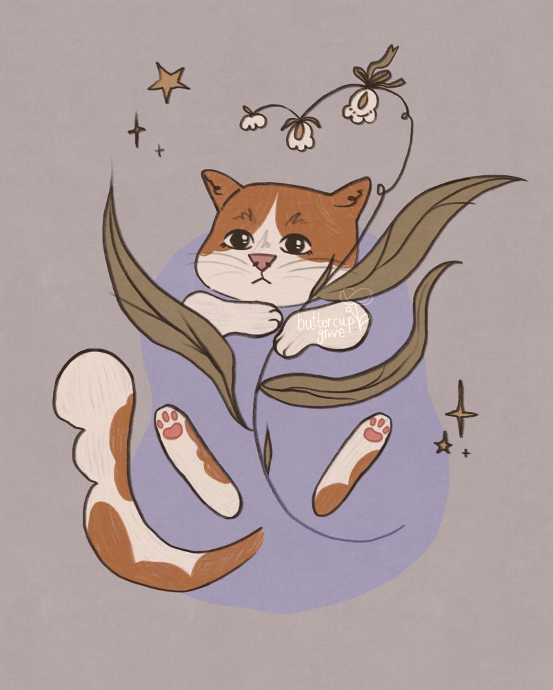 digital art of a white and ginger cat holding a long stemmed flower while lying in a bath with it’s feet and tail sticking out and the body not visible under the purple water. the cat has a calm nonchalant expression and holds the flower stem with it’s front paws. the flower has long flowing green leaves, and 3 small snowbell-like flowers at the top of the stem, above the cat’s head. there are small sparkles dotted around the composition, and the whole drawing is done in a pencil brush in a dark brown colour, and the colours inside the lines are desaturated pastels. in the middle there is a watermark at low opacity that says buttercup grove