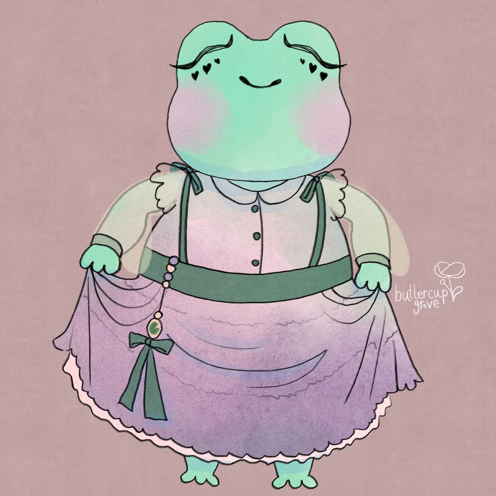 digital art of a feminine light green stylised frog stood up wearing a pretty purple and green long dress, holding the skirt up a bit in both hands, smiling with her eyes closed. she has big eyelashes and little black hearts under her eyes kind of like big freckles. she has pink blushed cheeks and her dress has green ribbon suspenders and a hanging decoration coming from the waist made with a green bow at the end. everything is made in digital watercolour brushes and textures.