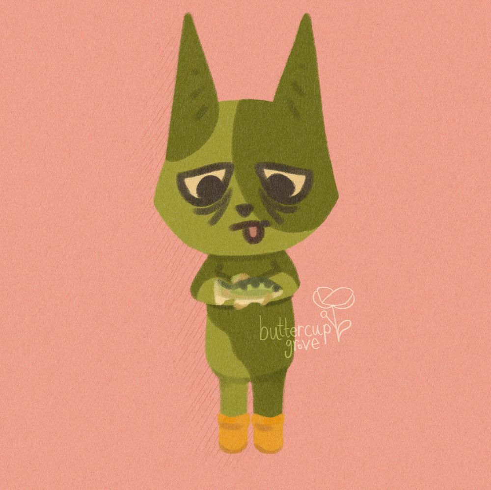 digital art of a green simple cat character holding a fish in their hands and wearing little yellow wellie boots. the background is plain pink leaning towards coral, and the cat is looking down at the fish and has tired eyebags. over the image is a small watermark of buttercup grove logo handwritten with a small simple flower drawing next to the words.