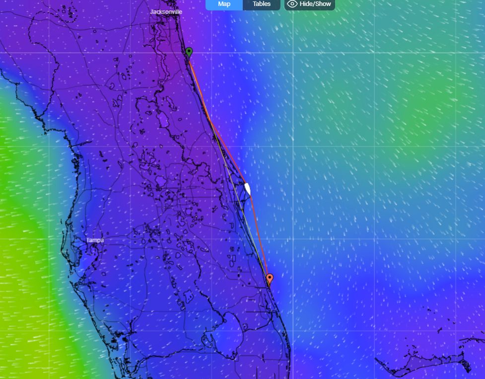 a map of Florida with our sailing route heading south from St. Augustine to Fort Pierce. 