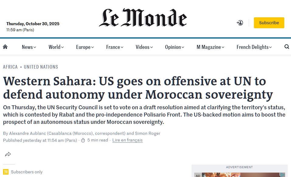 Le Monde headline: "Western Sahara: US goes on offensive at UN to defend autonomy under Moroccan sovereignty"