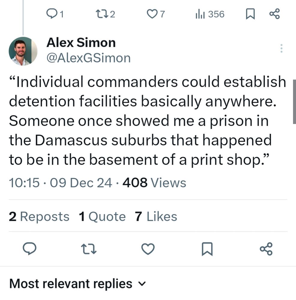 Alex Simon on Twitter: “Individual commanders could establish detention facilities basically anywhere. Someone once showed me a prison in the Damascus suburbs that happened to be in the basement of a print shop.”