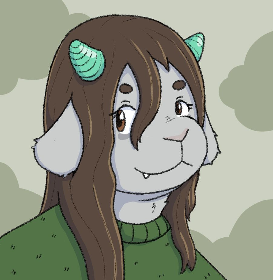 A sheep fursona wearing a green knit sweater, she has rings under her eyes but has a hopeful expression 
