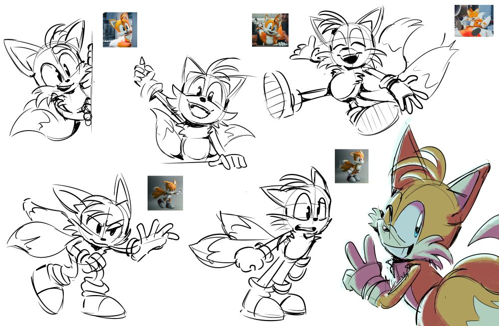 Assorted sketches of Tails from Sonic including the following, from top left to bottom right.
Tails peeking around a corner.
Tails holding up pencil ready to draw.
Tails sitting and extending arms in excitement.
Tails pushing back against a wind tunnel current.
Tails holding up a peace sign.