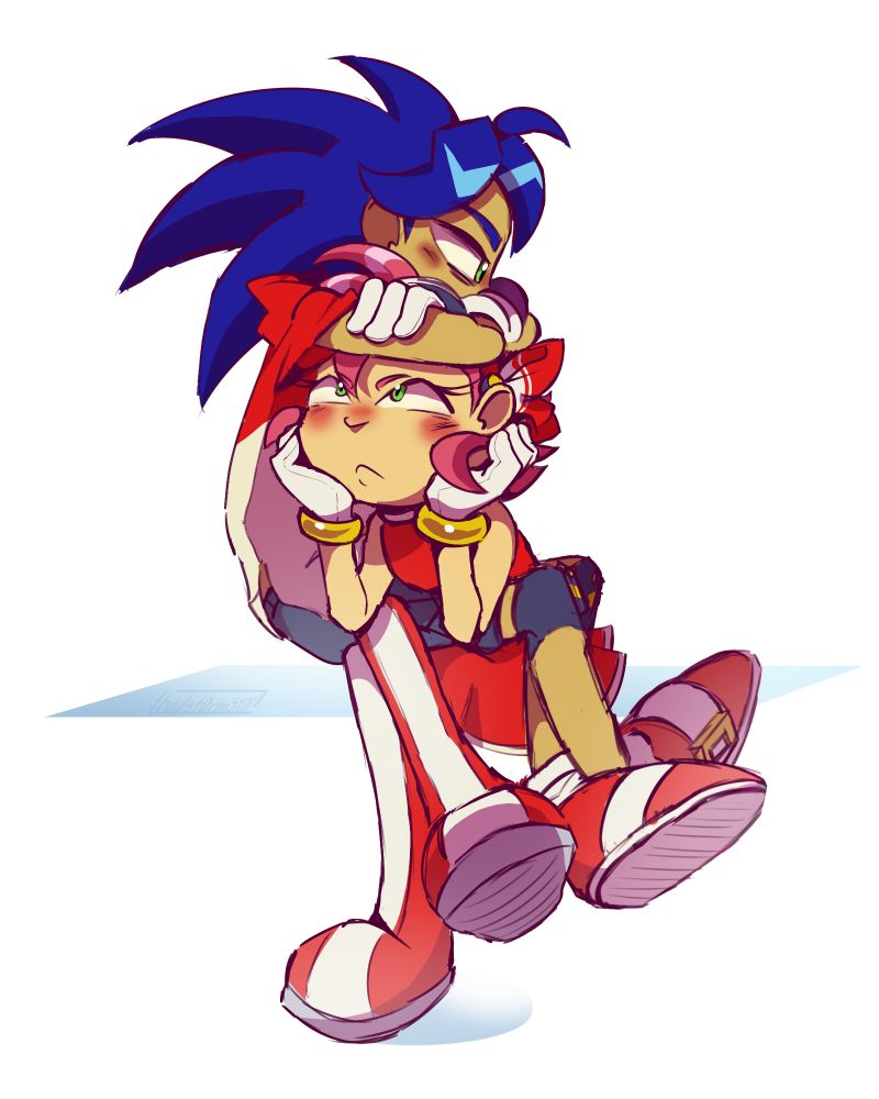 A human version of Sonic sits on human Amy's lap, resting his head and crossed arms on top of her head. Both are blushing, but have annoyed expressions.