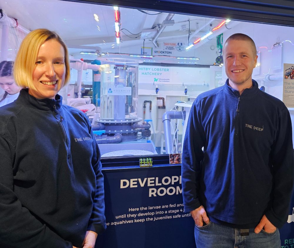 Aquarists Emma and James stood smiling in Deep Crew uniform in front of the Development Room in the Marine Discovery Centre