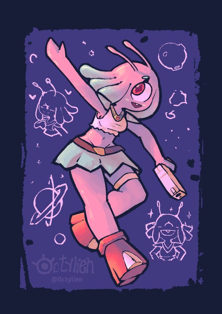 Drawing of a pink alien cyclops girl called Aria.
Holding a gun while hovering through space.