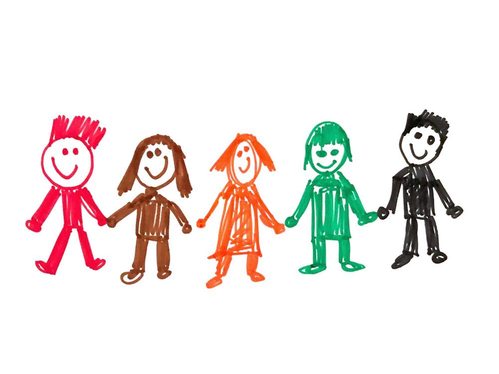 A felt-tip drawing of a group of five children in a line holding hands