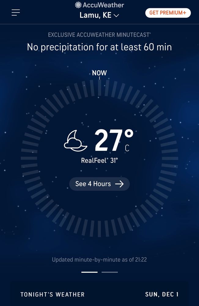 Screenshot from Accuweather showing Real Feel temperature of 31C in Lamu, Kenya 