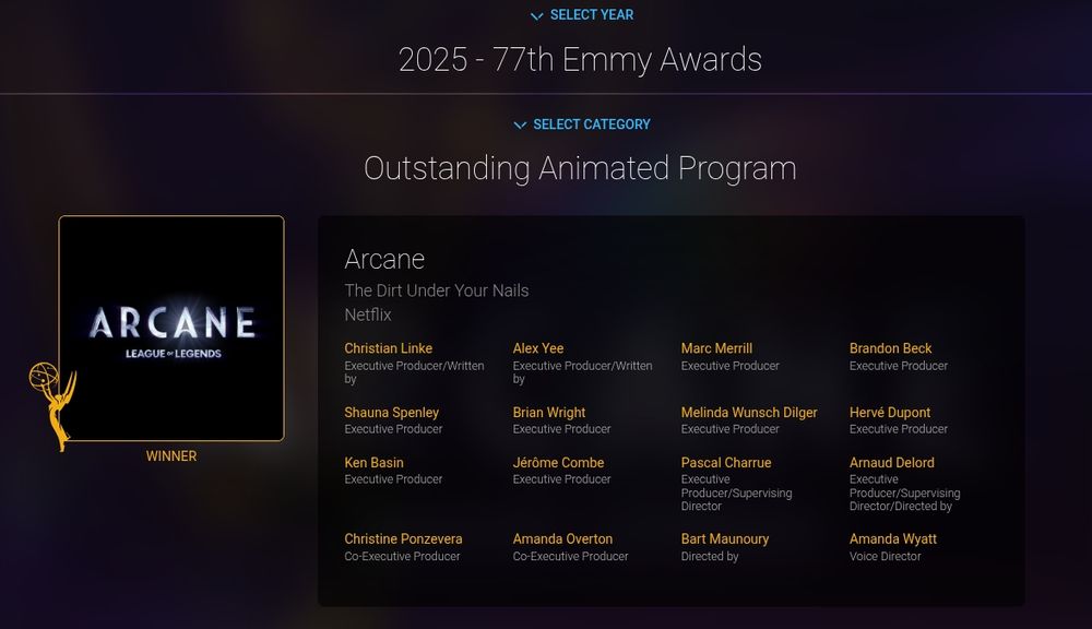 Screenshot of Arcane season 2's Emmy award for best Outstanding Animated Program 
