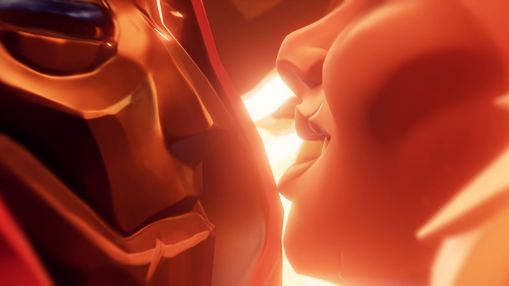 Mel and Junior sitting close together by the fire, holding each other's gaze. She can't help but smile at him.