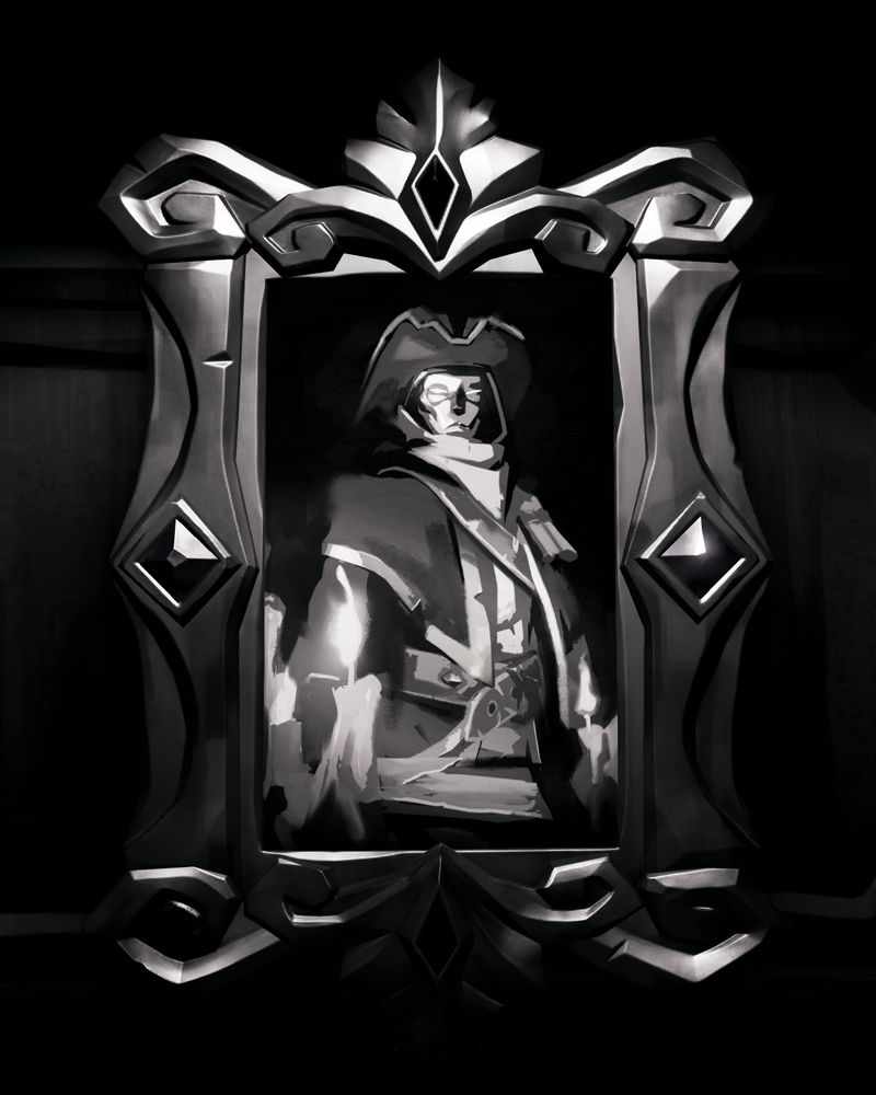 A moody black and white photo of a painting of The Servant of the Flame.