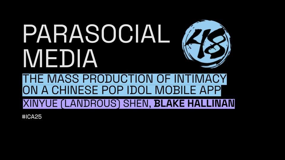 Title slide for "parasocial media: the mass production of intimacy on a chinese pop idol mobile application"