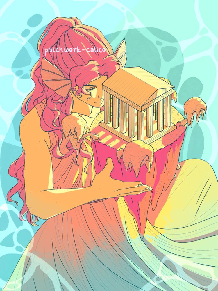 Large celestial figure with fish fin ears upholds floating island with Greek architecture atop an ocean