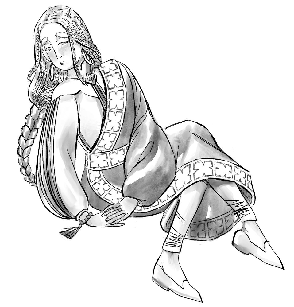 Digital ink + watercolor drawing of a lithe nonbinary person with long light hair that is braided into many small braids which come together into a larger braid below their shoulders. They wear a one-armed robe with a puffy-sleeved shirt and pants. They have a prayer bracelet around one wrist and a forlorn expression.
