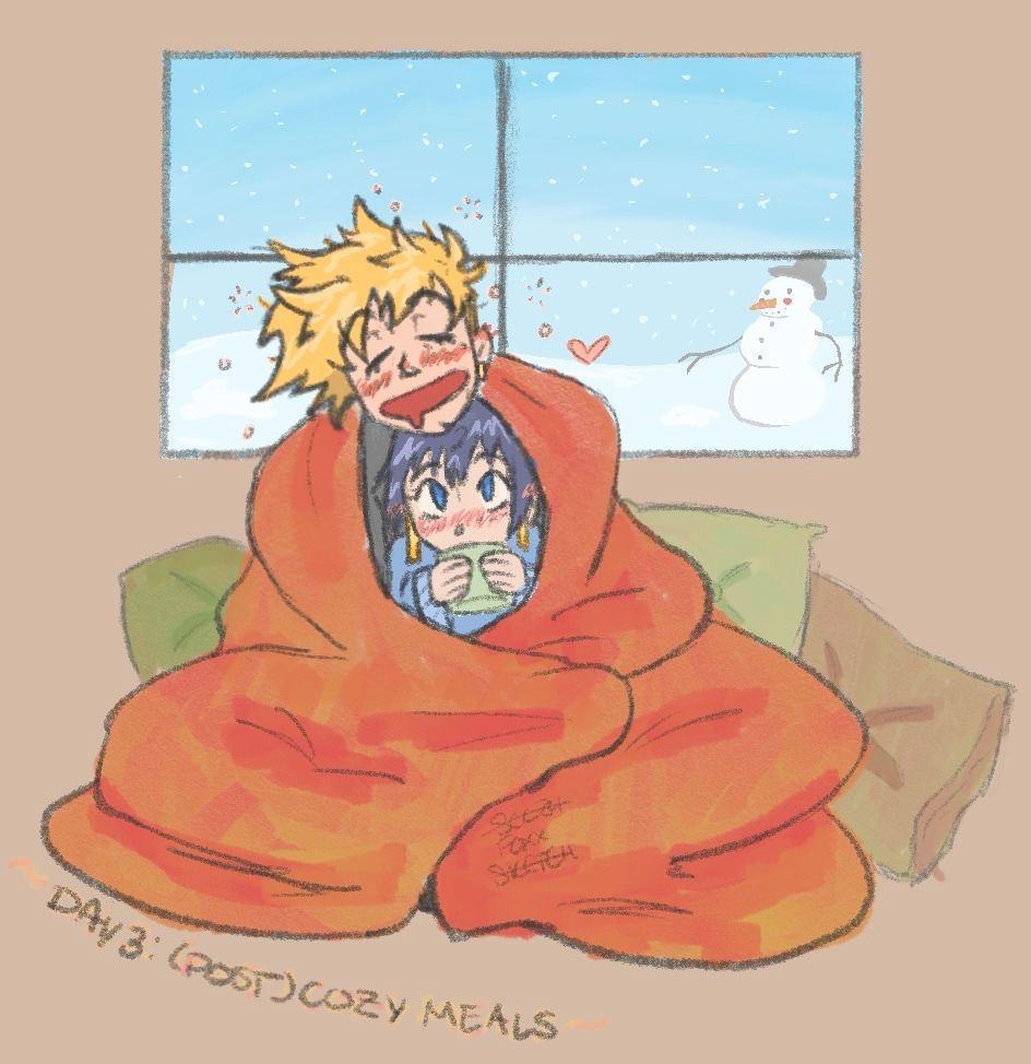 vash and Meryl cuddling under a blanket, snowscape and snowman visible hey a window behind them 