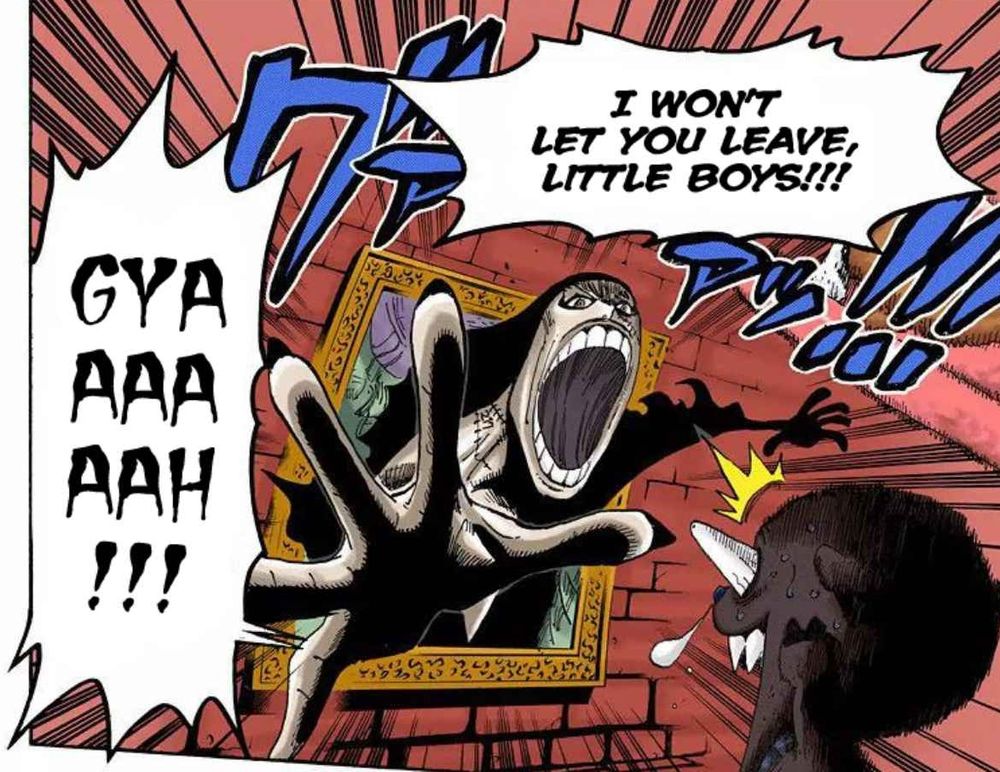 One piece panel. A spooky man jumps out of a painting saying ""i won't let you leave little boys! Gyaaaaaa!"