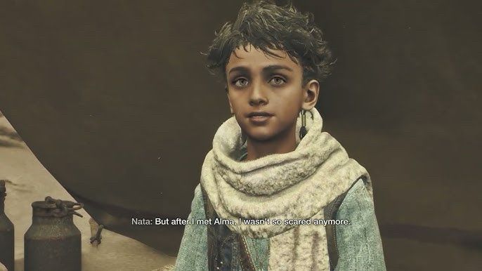 The same child in warm-weather clothes, with more open body language and a soft half-smile. The caption: “But after I met Alma, I wasn’t so scared anymore.”