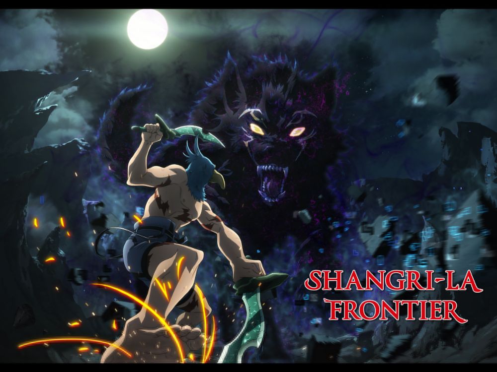 Une affiche de shangri la frontier montrant le personnage du protag (un oiseau bleu humanoide) se battre contre lycaon aka un des plus gros boss du jeu