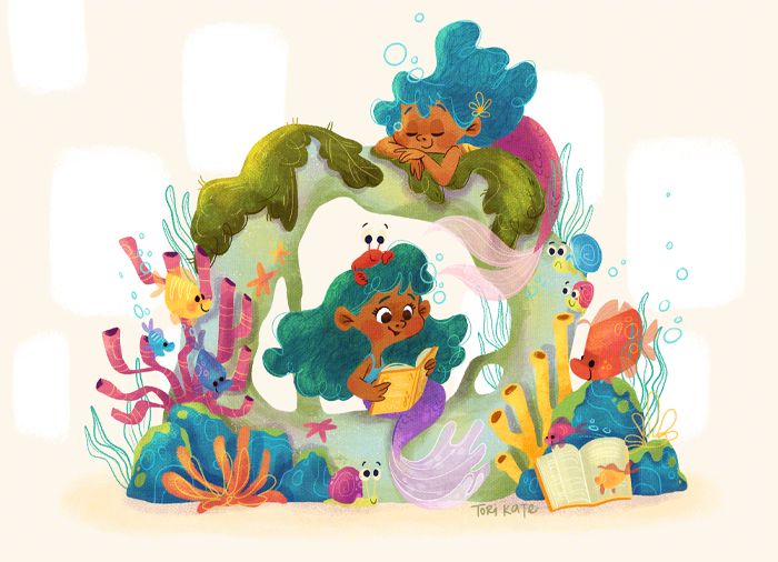 A mermaid sits in the middle of a rock, reading a book with a little crab friend on her head. A mermaid is listening with her eyes closed on top of the rock, colourful fish surround them