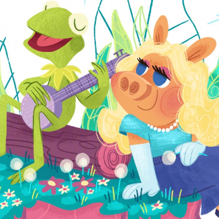 a drawing of kermit the frog with his purple banjo singing loudly. Miss piggy is swooning and looking at him through heavy doe eyes 