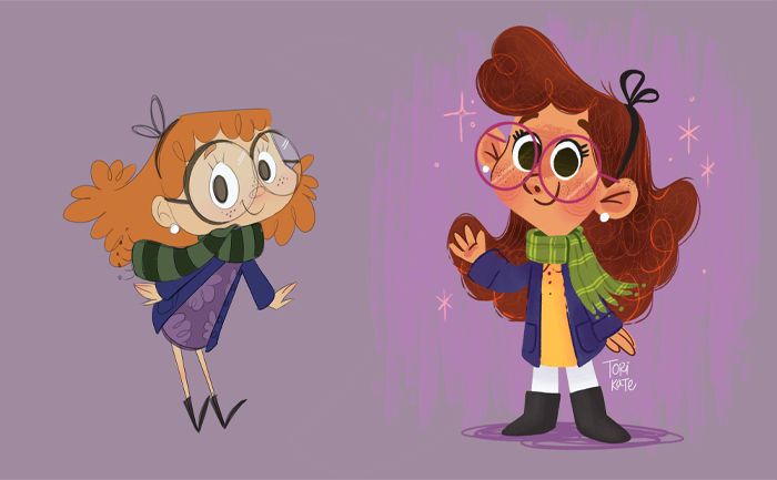 Two girls standing against a purple background. The girl on the left was drawn in 2017, girl on the right in 2025. They both have big glasses, red hair, scarves and a dress 