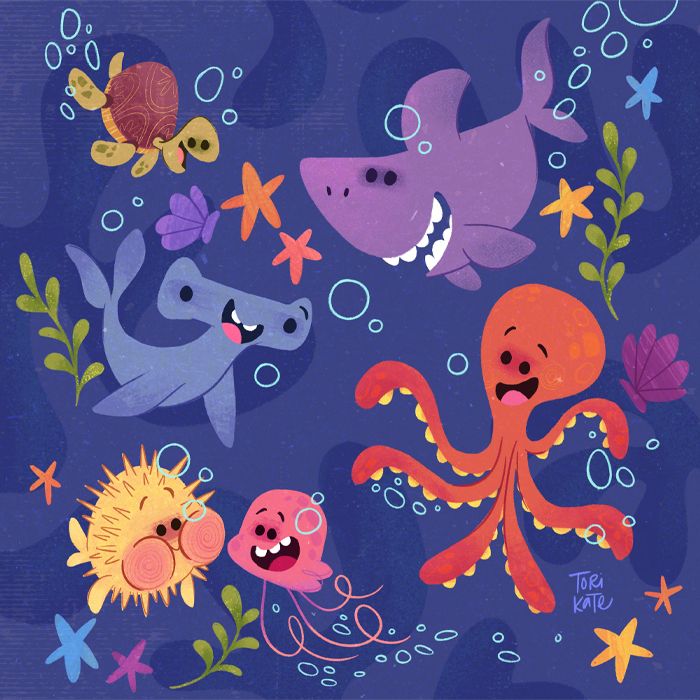 A turtle,a purple shark, a blue hammerhead, an orange octopus , a pink jellyfish, and a yellow puffer fish are all smiling with a textured blue background. Seaweed starfish and seashells scattered about.