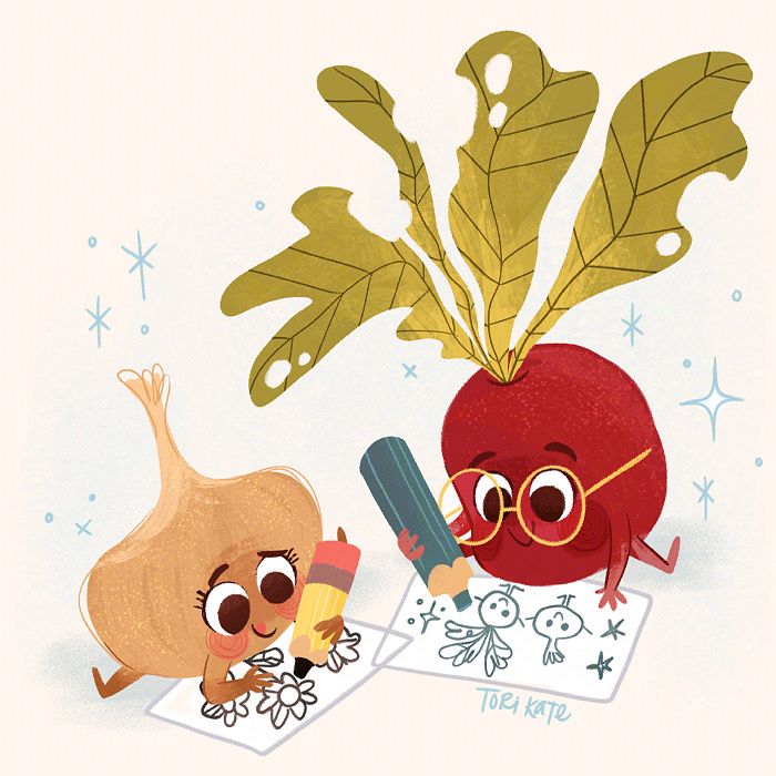 an onion with a giant pencil is drawing flowers and a radish with glasses is holding a giant blue pencil crayon drawing the onion and radish friends