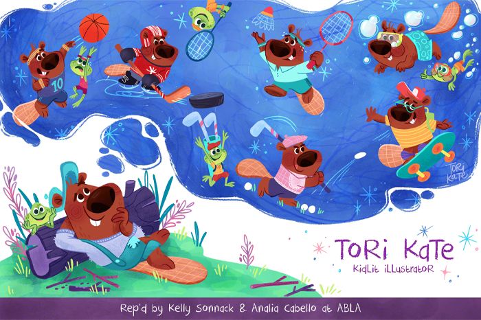 A beaver in the bottom left is seen in a thinking pose. A big blue thought bubble shows the beaver playing different sports - basketball, hockey, badminton, swimming, golf and skateboarding. 