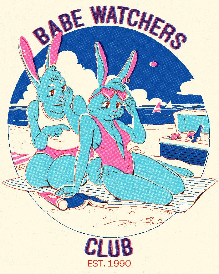 two anthropomorphic bunnies hanging out on the beach, scoping out some hotties. One bunny is wearing a tank top and shorts, and the other is wearing a deep V bathing suit and heart shaped sunglasses. there are sails on the water in the distance. The text around the graphic says "babe watchers club" and "est. 1990" 