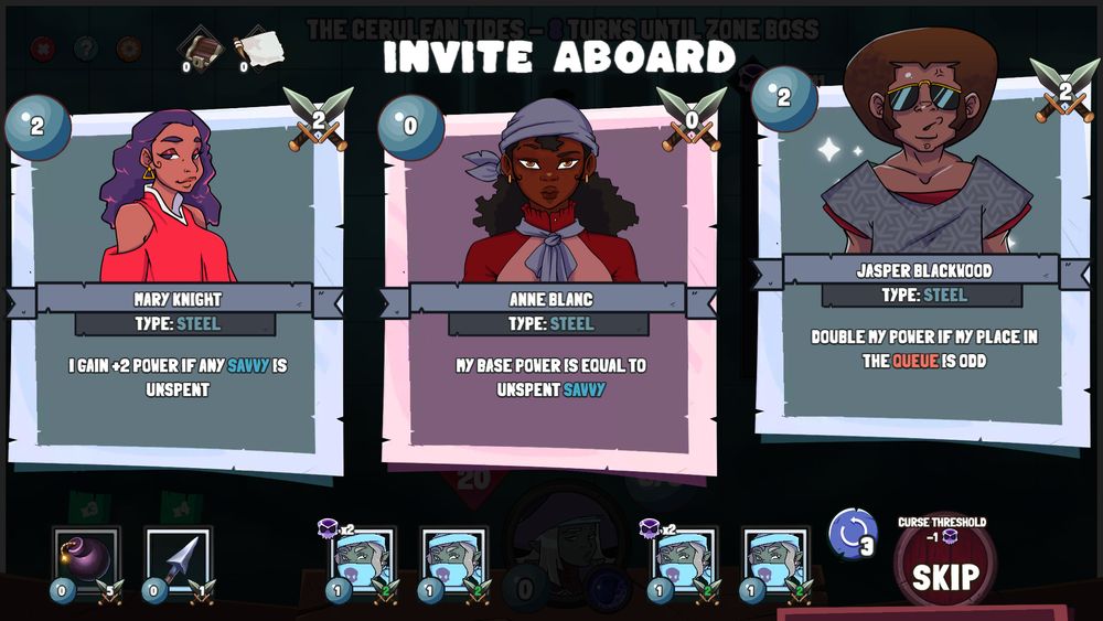 Sunken Stones screenshot titled "Invite Aboard" with three pirate crewmate options to choose from
