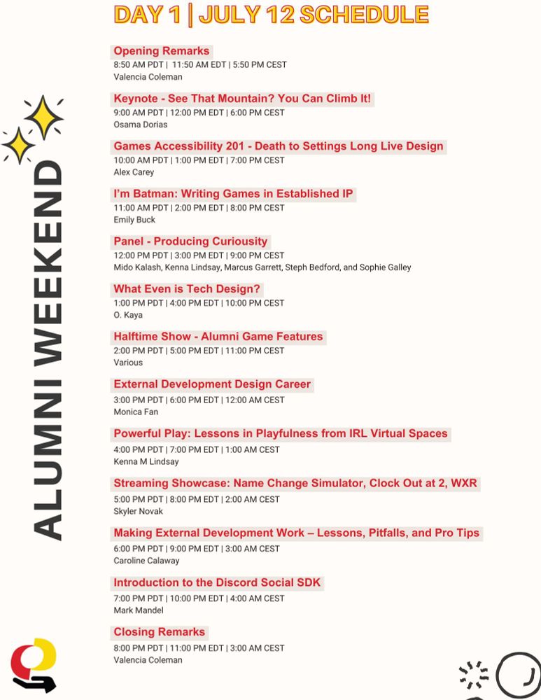 Alumni Weekend Day 1 on July 12th Schedule. Event runs 8:50am-9pm PDT.
