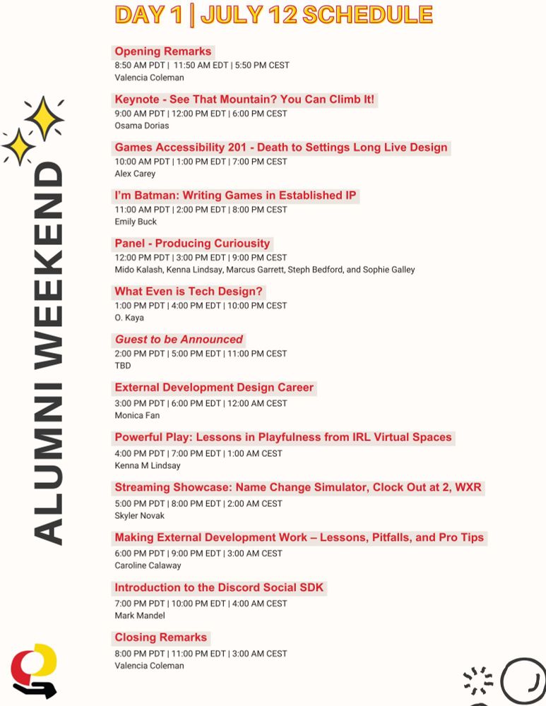 Alumni Weekend Day 1 on July 12th Schedule. Event runs 8:50am-9pm PDT.