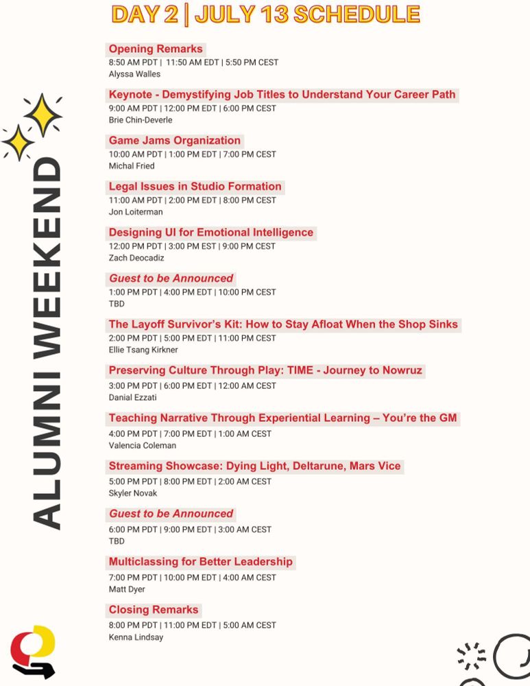 Alumni Weekend Day 2 on July 13th Schedule. Event runs 8:50am-9pm PDT.