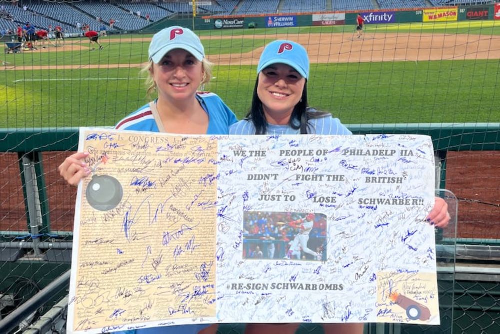 Seventeen days after the poster — signed by hundreds of fans and ballpark employees — was tossed into the Phillies dugout, it made its way to Schwarber.
