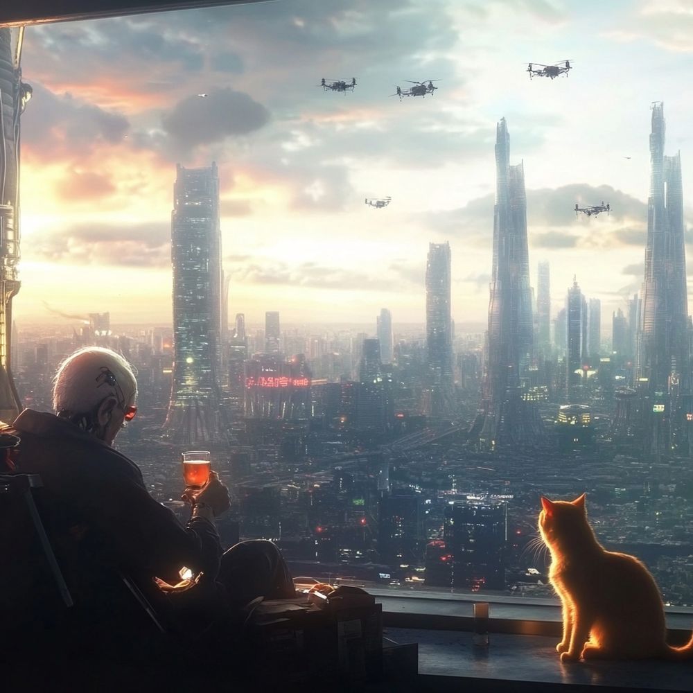 an elderly cyborg and a scruffy tomcat sitting on a balcony overlooking a futuristic cityscape, with grand, intricate towers as far as the eye can see, extending into the clouds even; the ground is far below; drones fill the air; the cyborg man is drinking what might be wine; the cat is eating.