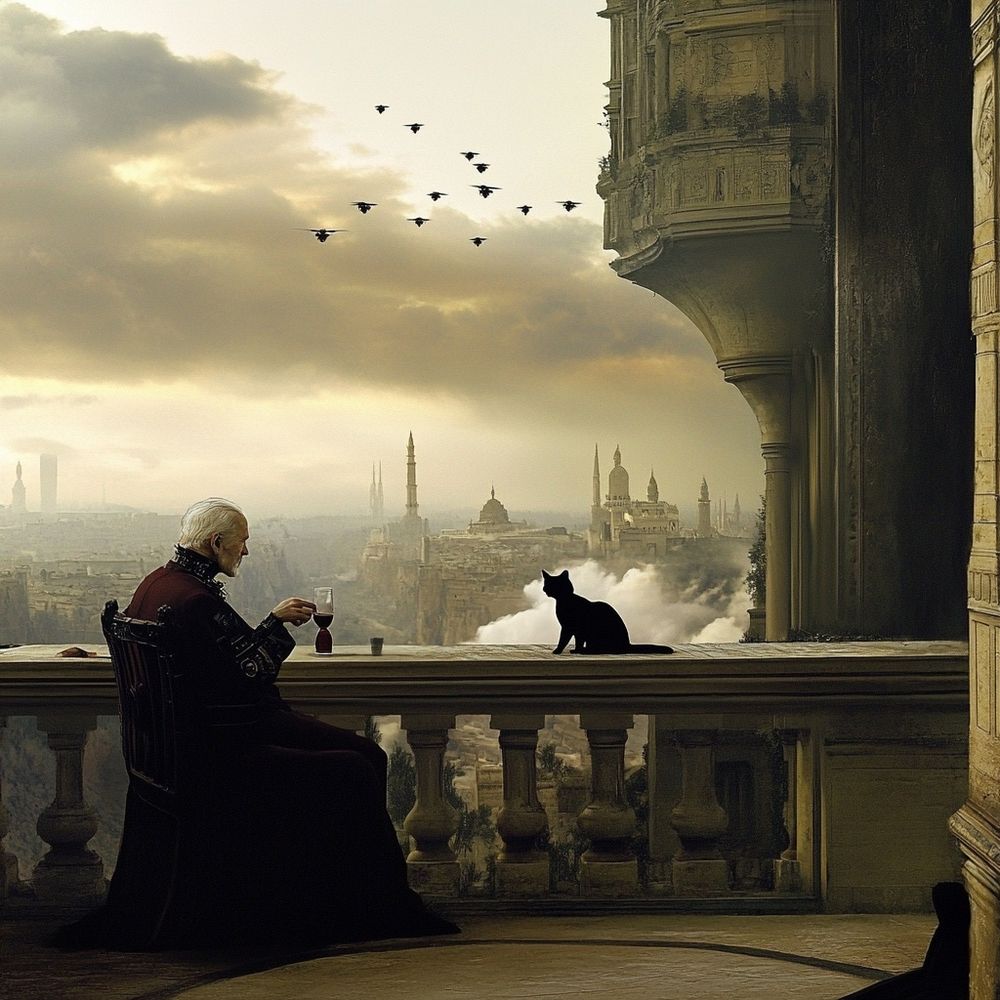 an elderly cyborg and a scruffy tomcat sitting on a balcony overlooking a futuristic cityscape, with grand, intricate towers as far as the eye can see, extending into the clouds even; the ground is far below; drones fill the air; the cyborg man is drinking what might be wine; the cat is eating.