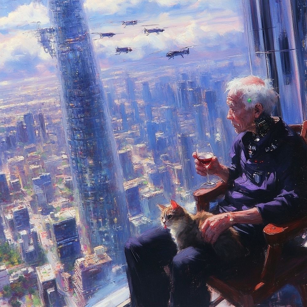 an elderly cyborg and a scruffy tomcat sitting on a balcony overlooking a futuristic cityscape, with grand, intricate towers as far as the eye can see, extending into the clouds even; the ground is far below; drones fill the air; the cyborg man is drinking what might be wine; the cat is eating.