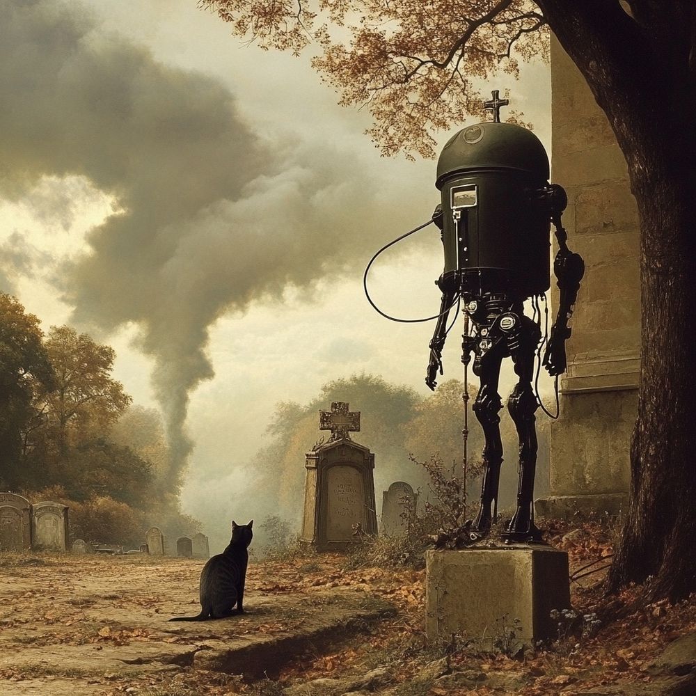 an iron robot and a tomcat in a graveyard on a windy and cloudy autumn day; a wire leads from the robot into a grave