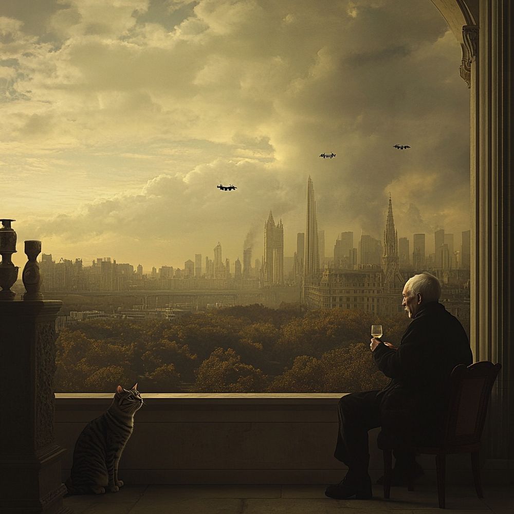 an elderly cyborg and a scruffy tomcat sitting on a balcony overlooking a futuristic cityscape, with grand, intricate towers as far as the eye can see, extending into the clouds even; the ground is far below; drones fill the air; the cyborg man is drinking what might be wine; the cat is eating.