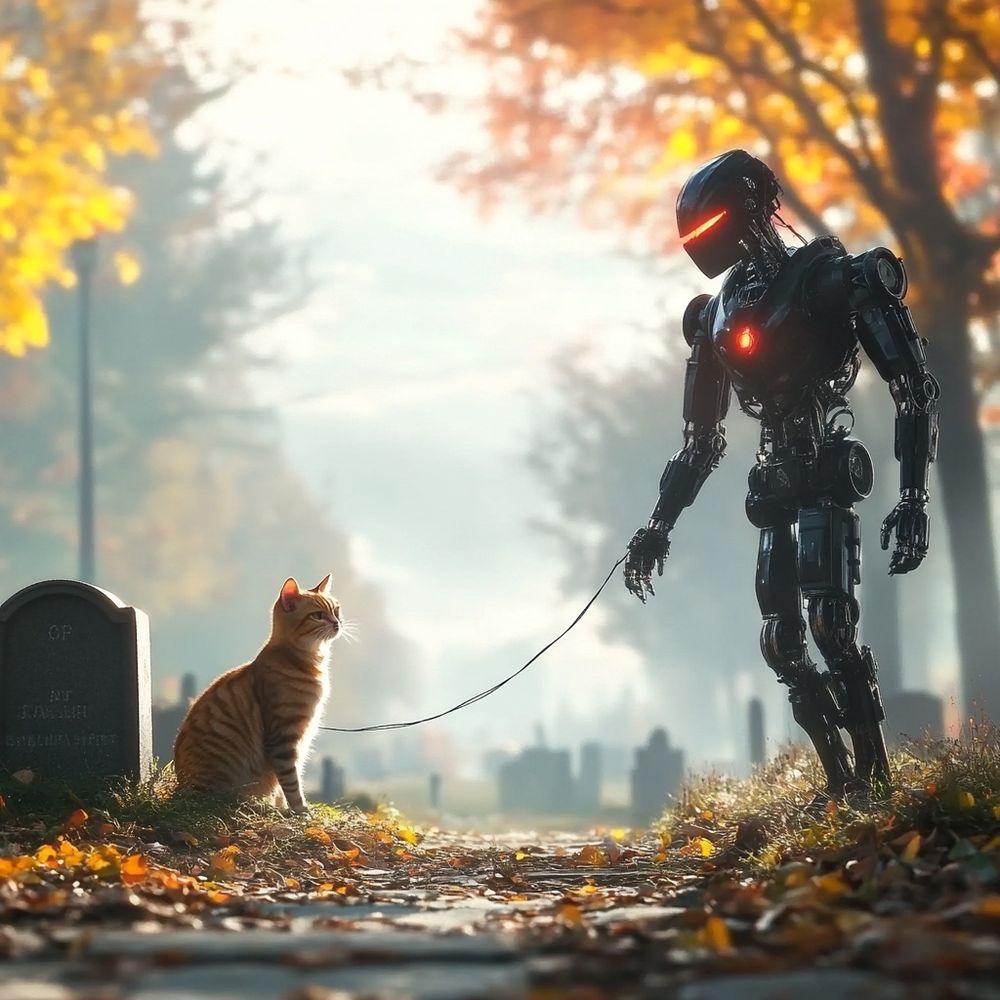 an iron robot and a tomcat in a graveyard on a windy and cloudy autumn day; a wire leads from the robot into a grave