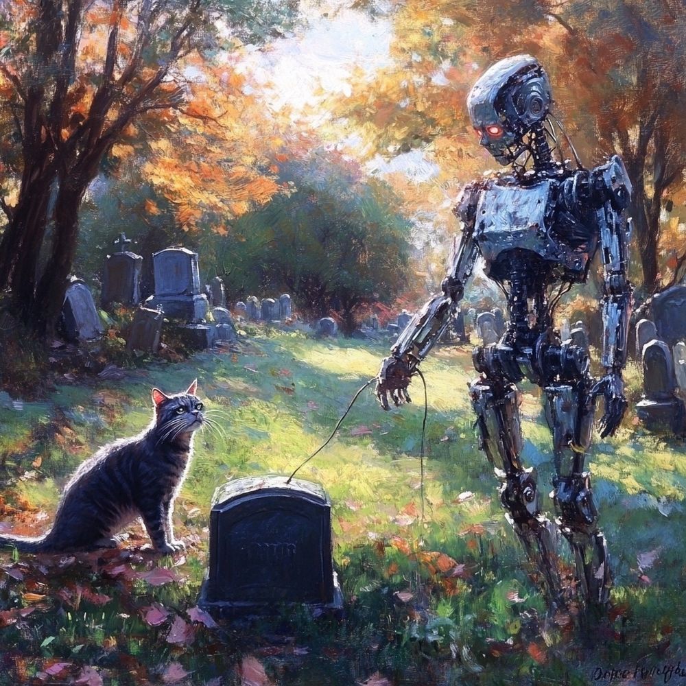 an iron robot and a tomcat in a graveyard on a windy and cloudy autumn day; a wire leads from the robot into a grave