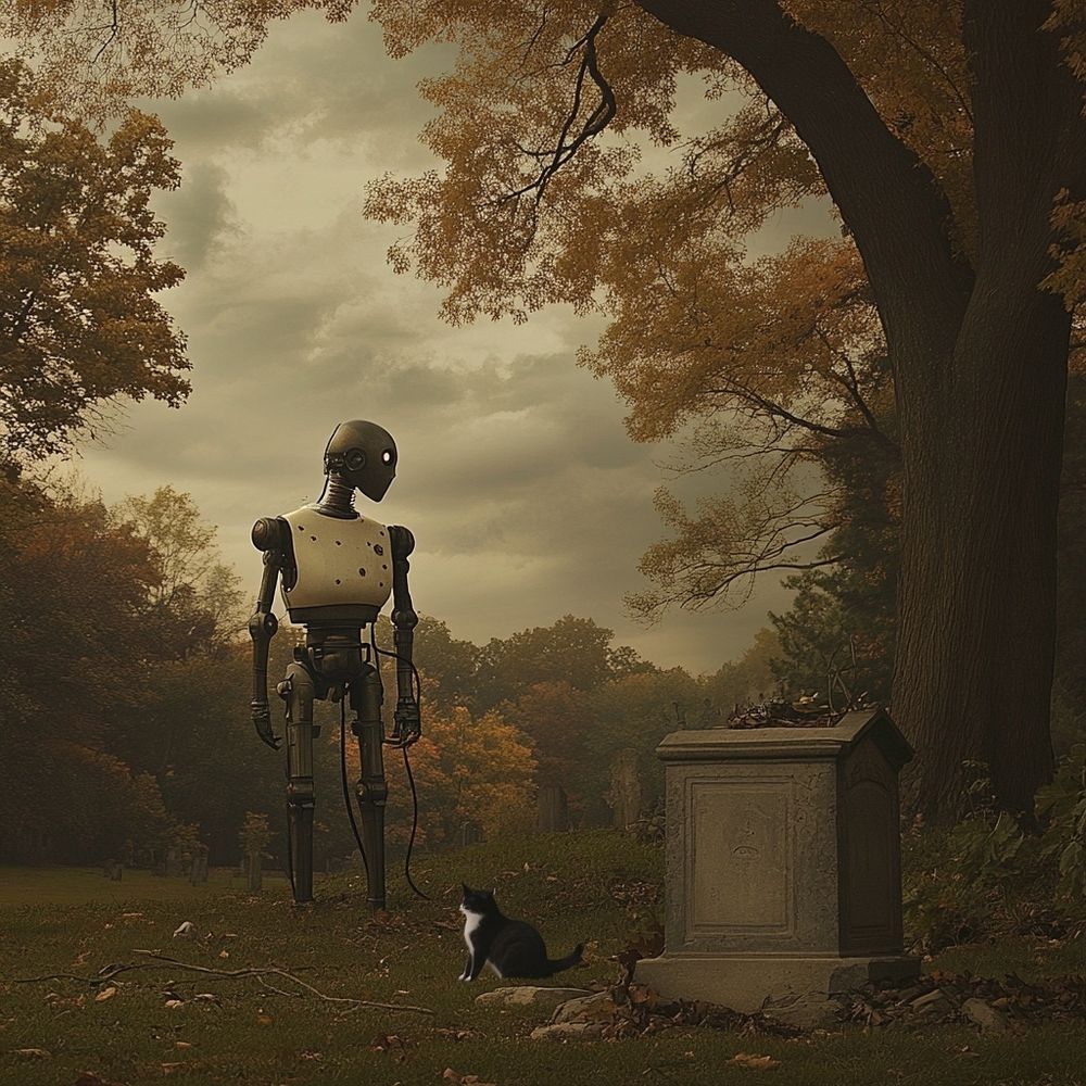 an iron robot and a tomcat in a graveyard on a windy and cloudy autumn day; a wire leads from the robot into a grave
