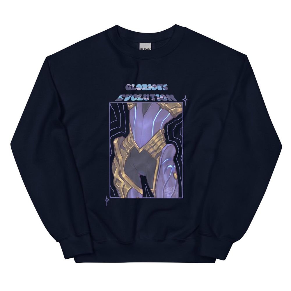 Photo of a dark, navy graphic sweatshirt. The print says "Glorious Evolution" in bold caps. Below, a close-up of the Arcane Herald's very curvy hips.
