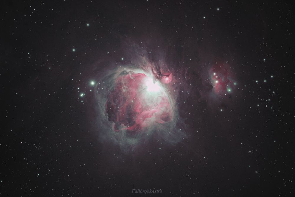 The Orion Nebula shines magnificently in false color, with Hydrogen-alpha being represented by Reds, and Oiii being represented by Greens. Blues here are represented as a 50/50 mix of the two. The center core is blown out due to the sheer brightness and exposure length needed to get detail in the darker regions.