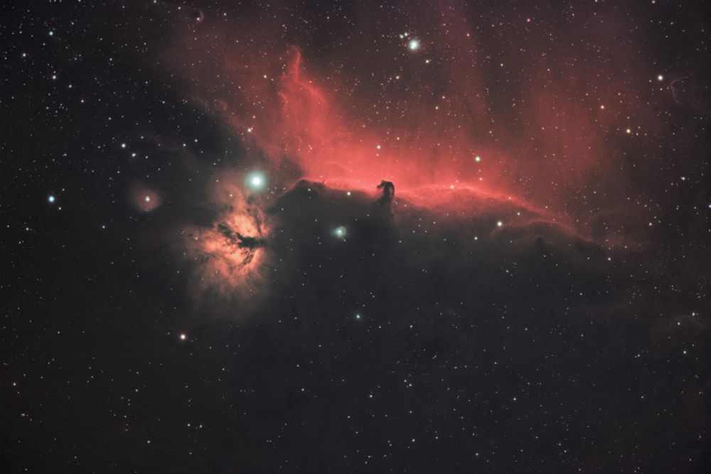 The horsehead and flame nebulae shine brightly in vibrant red and orange, respectively. Stars dot the scene in a bluish hue, reminiscent of the faulty processing between Ha and RGB channels.