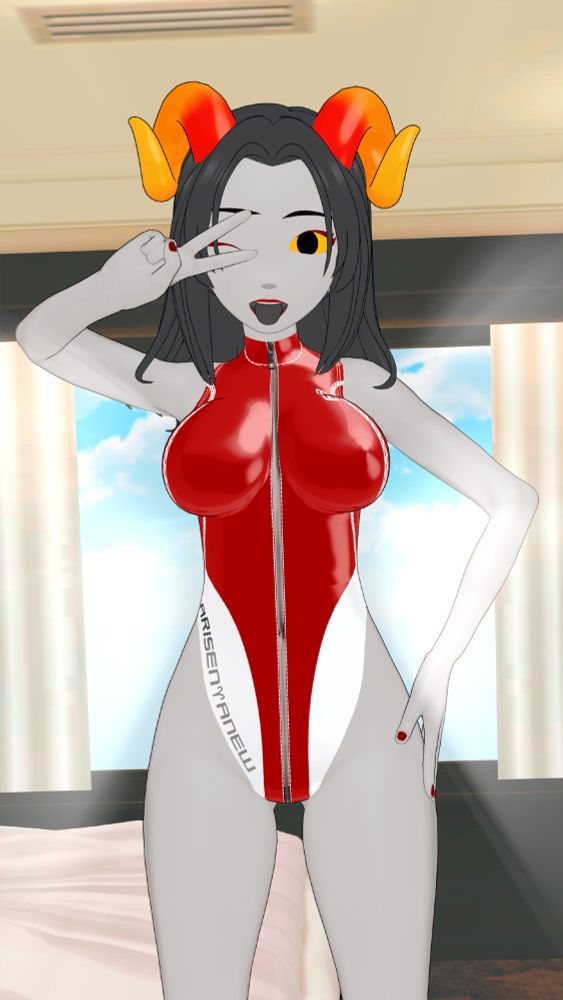 Aradia Megido from Homestuck in a hotel room in front of the window taking a selfie with her hand in front of her eye throwing a Victory sign, she is winking through the two fingers as well as sticking her tongue out playfully. 

Aradia is wearing a shiny one piece swimsuit that says "AA" on the top right breast and "Arisen Anew" with the Aries sign on the bottom left.

