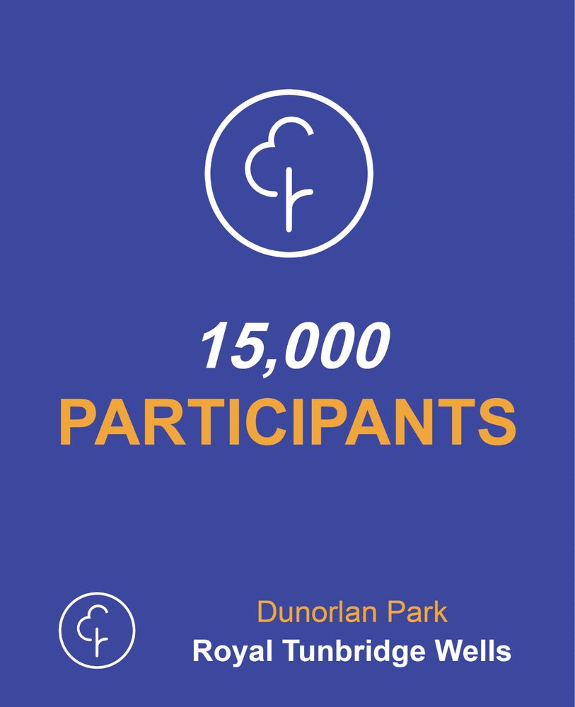 A logo containing the words: 15,000 participants, because so long as we have 2 first timers today, that’s the total number of individual participants who will have completed Royal Tunbridge Wells parkrun.
