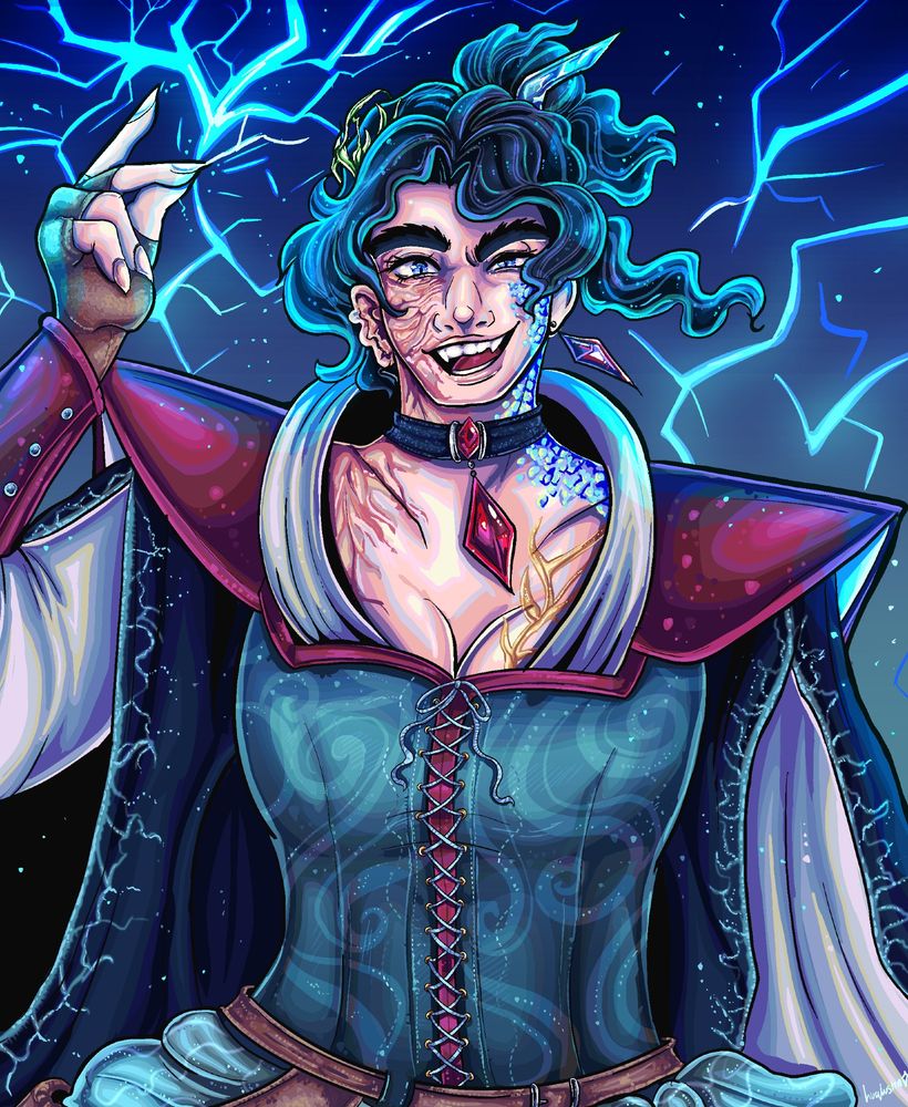 A digital painting of a woman with her hair tied into an undo with in is flowing within the breeze caused by her casting blue lightning. She is wearing refined clothing of reds and teals and blues. One half of her face is covered in scarring whilst the other is with blue scales. There’s a devilish grin upon her face as she looks into the camera.